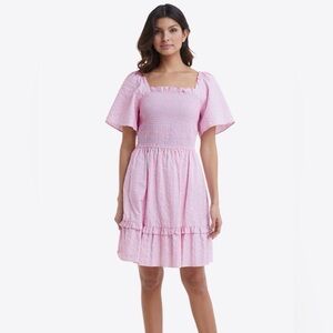 Draper James Goldie Smocked Ruffled Dress in Seersucker Stripe Size S